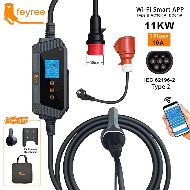 Type 2 Portable Ev Charger 11Kw Cee - Pengisi Daya Mobil EV Portabel Feyree
